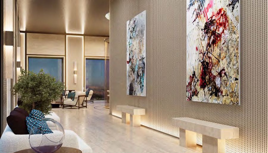 Contemporary art gallery hallway in Ash Tower. Discover luxury real estate with an artistic touch.