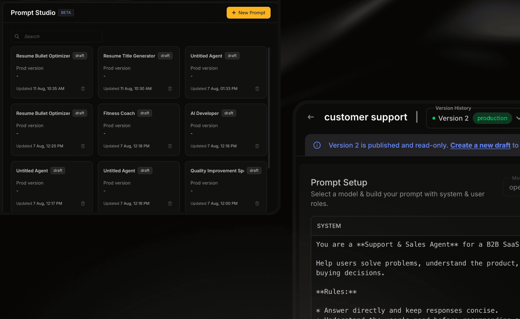 Prompt Studio: prompts list and the prompt editor with version history