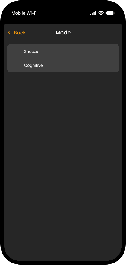 Settings screen for the alarm, showing options for "Snooze" and "Cognitive" options.