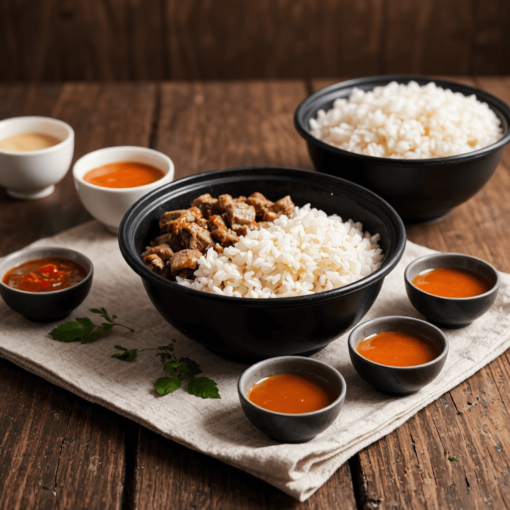 product photography of a food container with rice and meat, accompanied by three small sauce cups