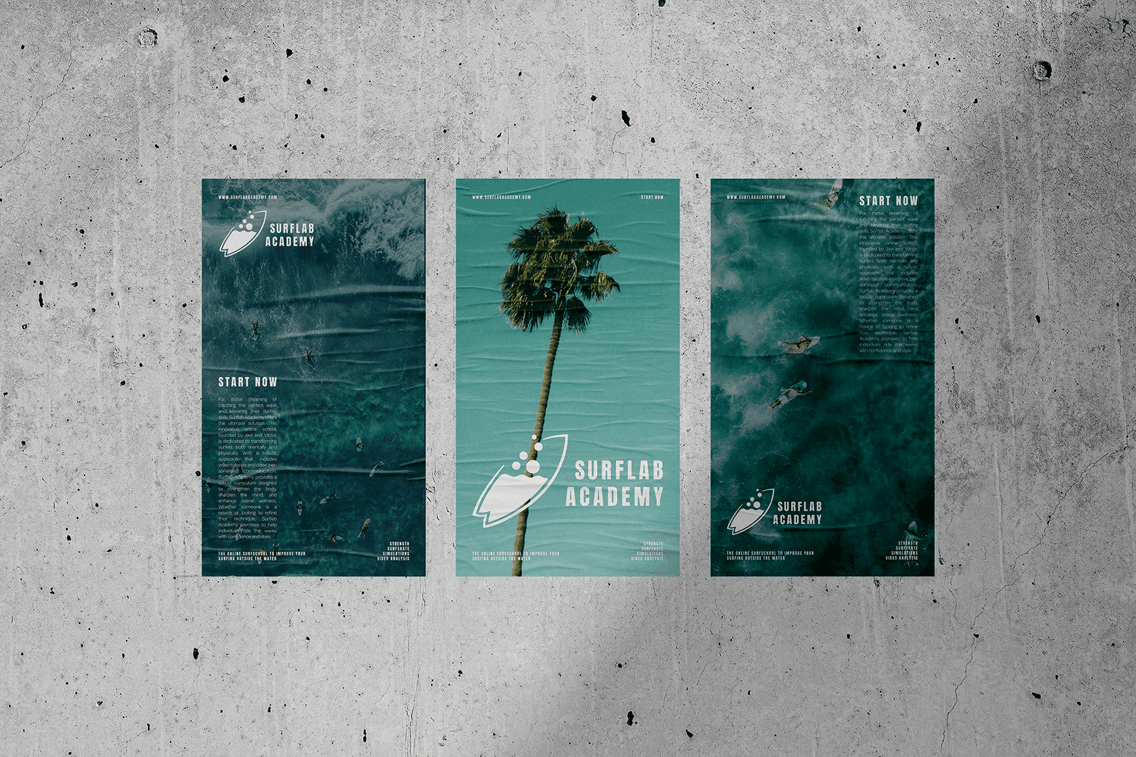 Surflab academy poster on cement wall