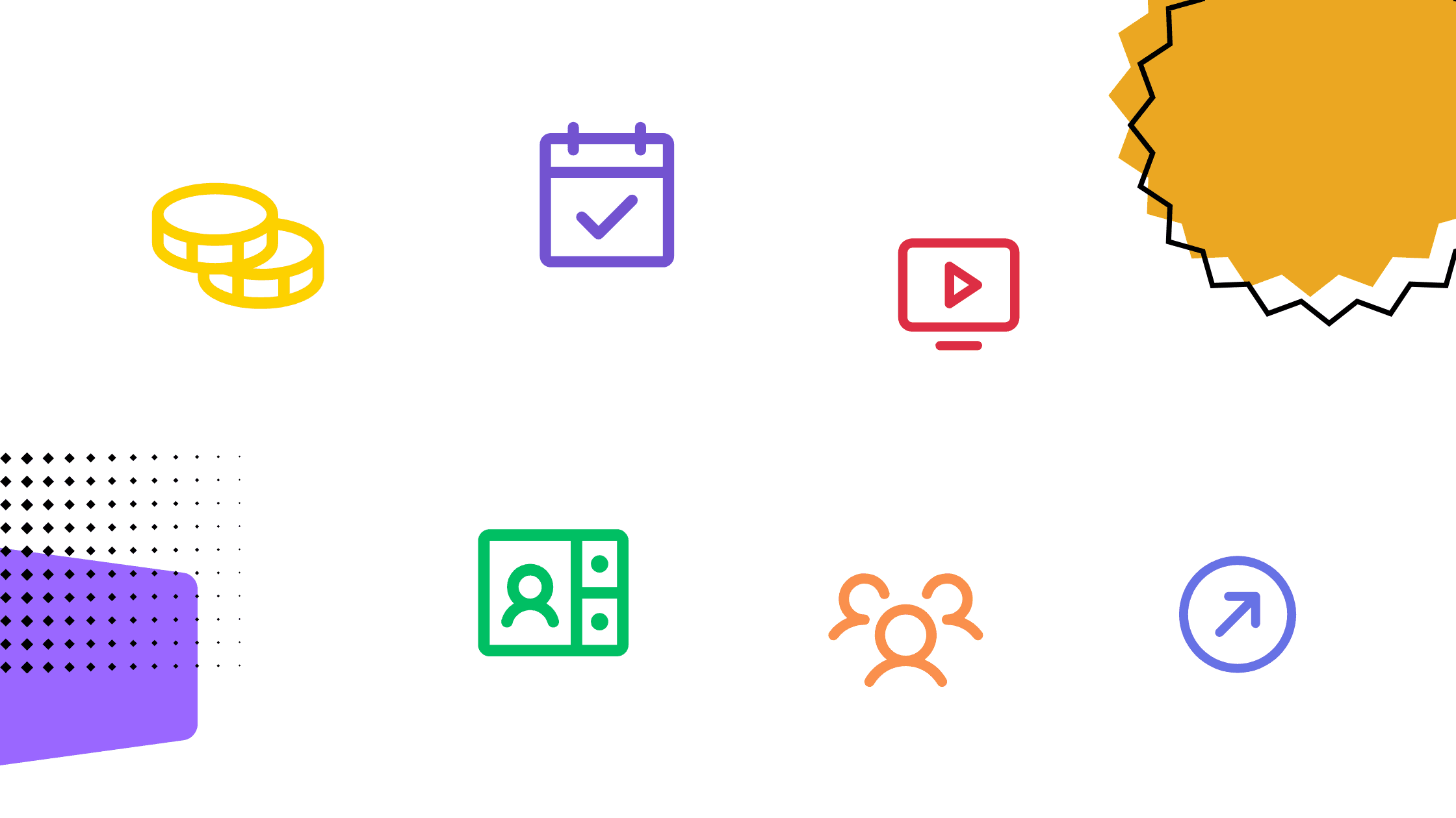 Icons representing payments, scheduling, video, clients, and community tools used to run and scale an online coaching business.