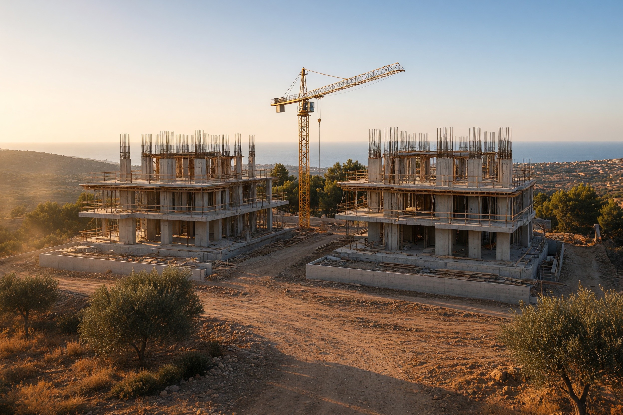 Concrete cores and first slabs rising on the ridge