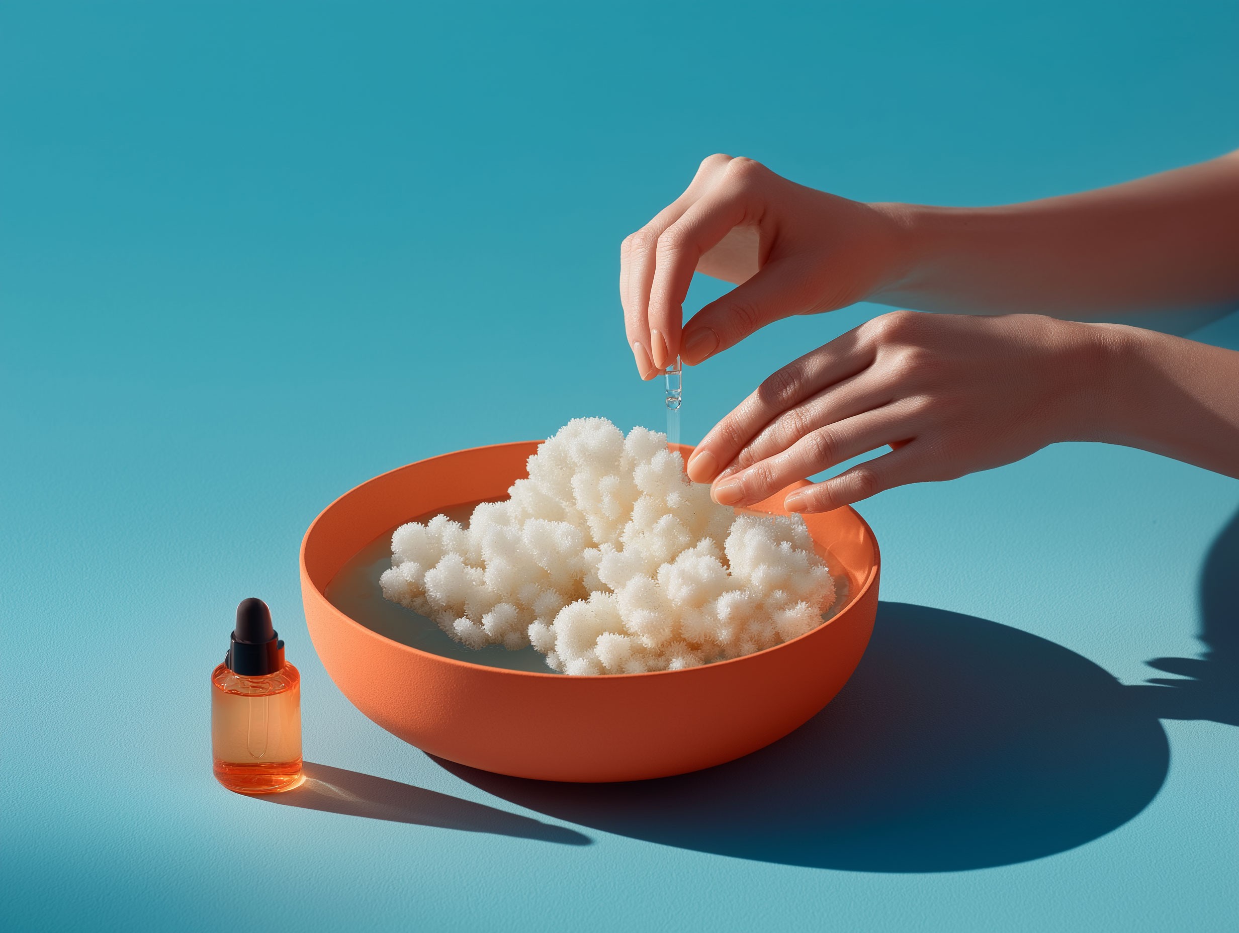 Dropper dispensing serum into palm.