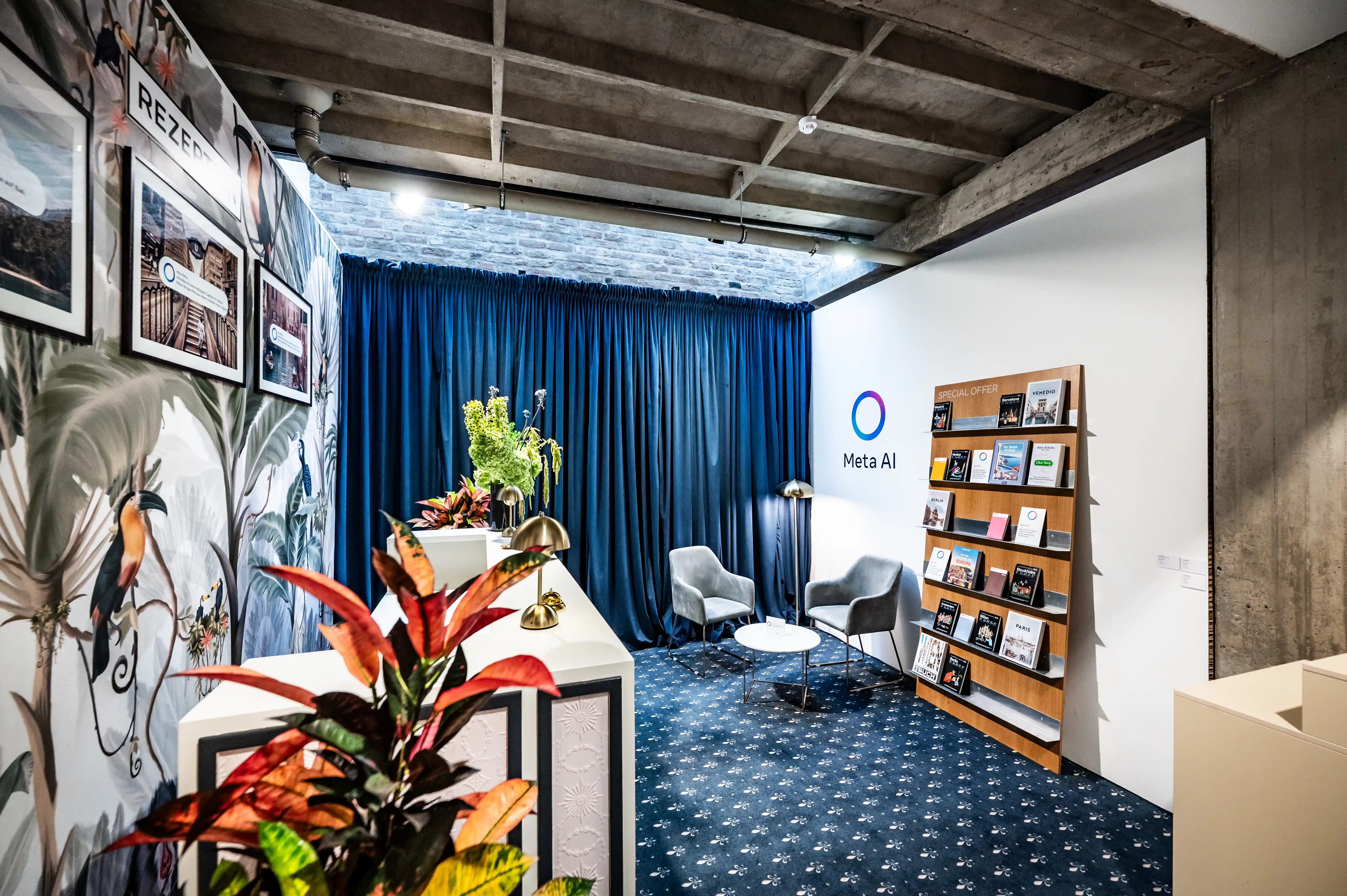 Meta AI reading lounge with blue velvet curtain, bookshelf, armchairs and patterned carpet.