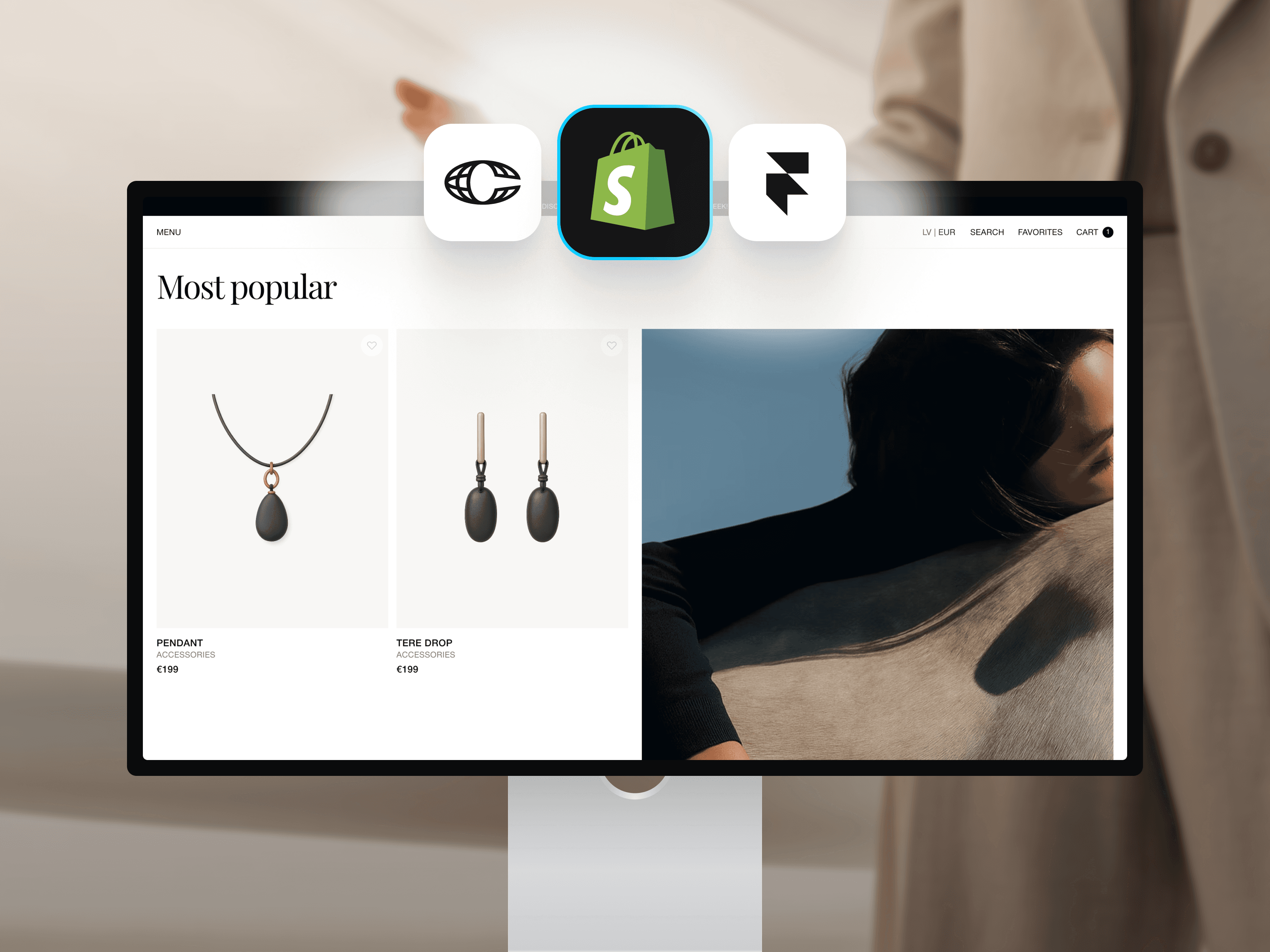 Editorial Framer eCommerce template for high-end fashion and jewelry brands, featuring Shopify and Framer integration icons.