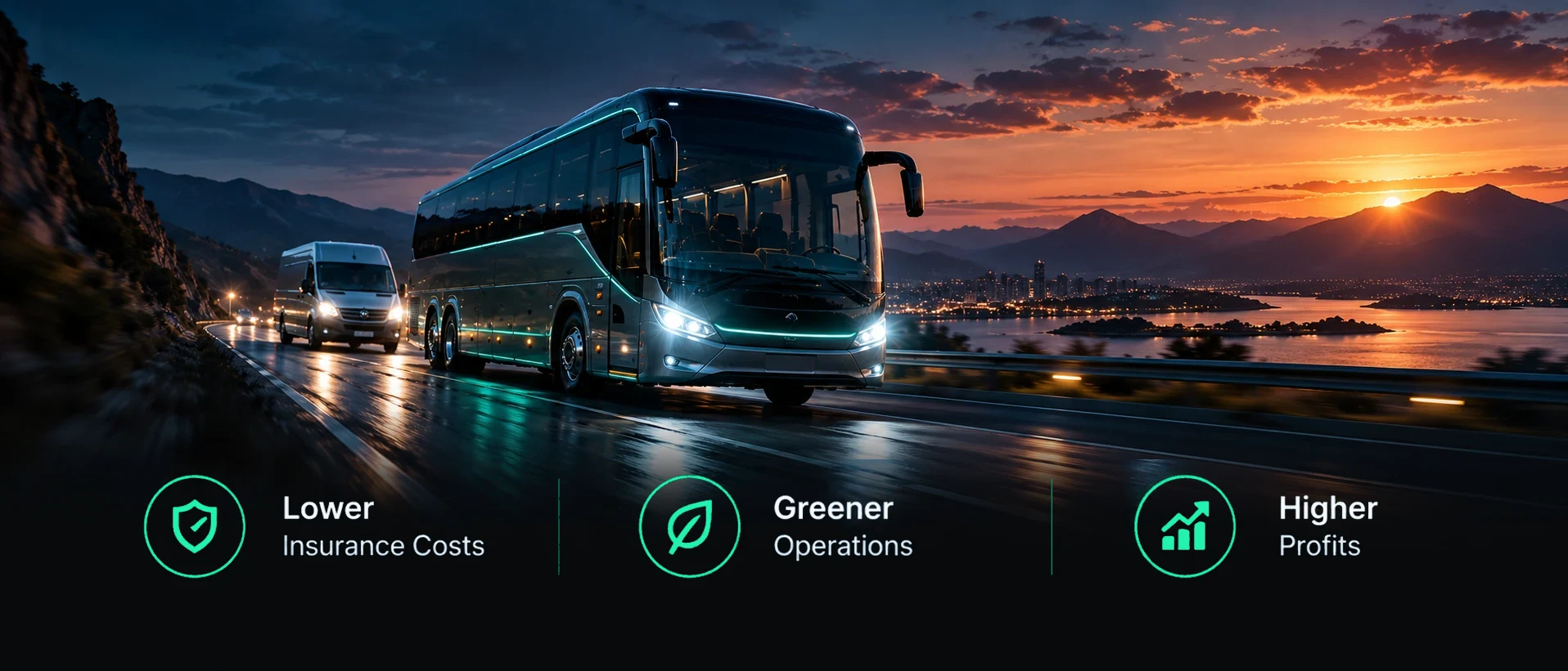 Intercity coach and delivery van on the road at sunset: lower insurance costs, greener operations, higher profits
