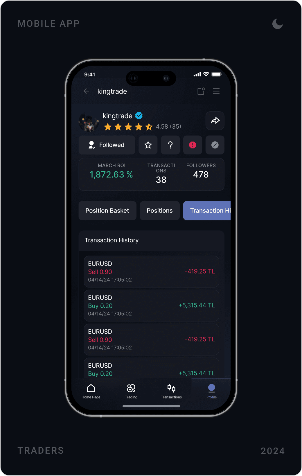 Professional Trader Transaction History Interface Design