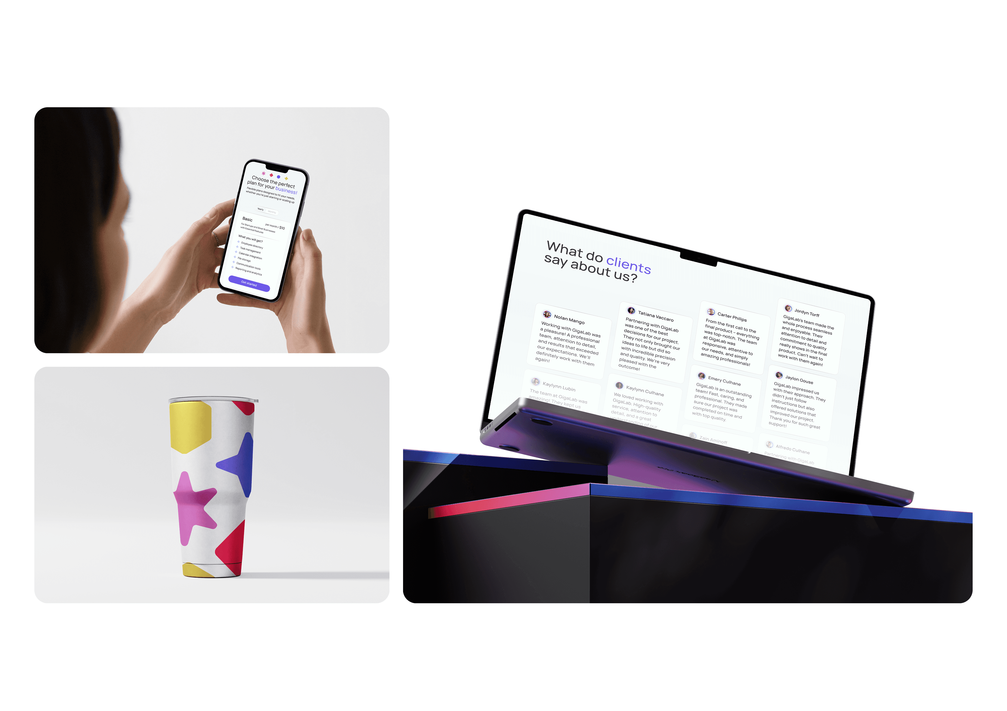Gigalab visual identity mockups — branded tumbler, mobile interface, and client reviews shown on laptop screen.