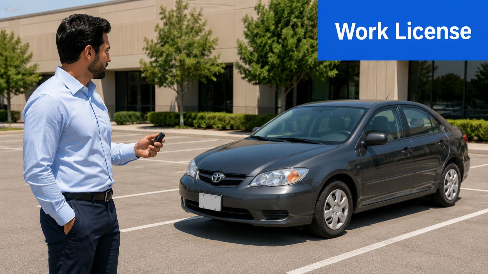 A professional man standing in a parking lot holding a key fob toward his dark grey car.