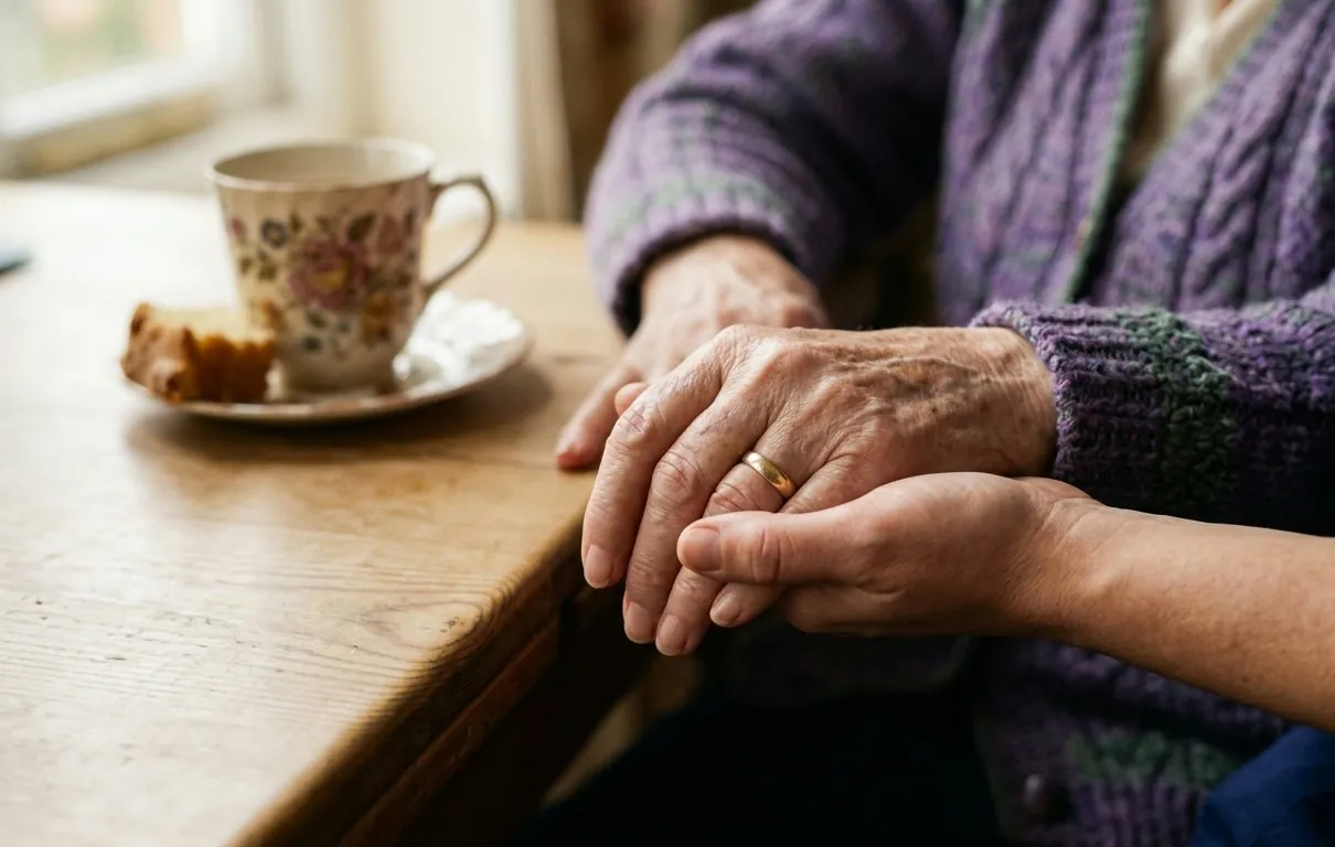 A carer gently holding a resident's hand