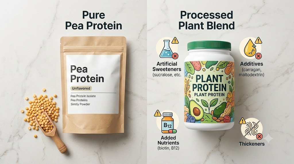 A comparison of minimalist unflavored pea protein (pure, short ingredient list) vs. a colorful plant protein blend (with additives, biotin, B12, and artificial sweeteners) on a marble countertop.