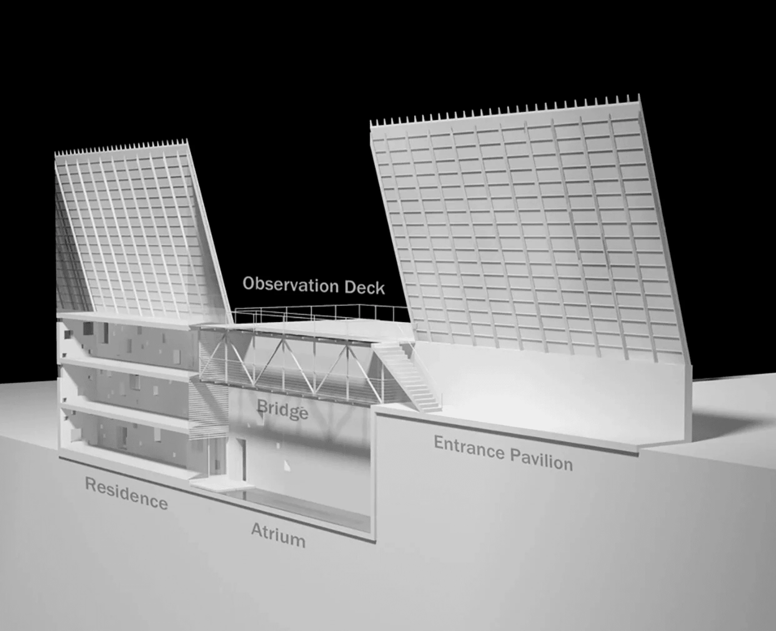 Diagram of Ark House labeling the residence, atrium, bridge, observation deck, and entrance pavilion
