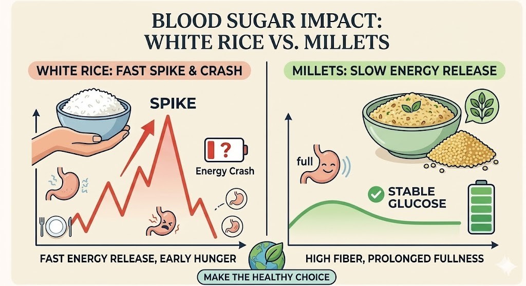 A split-screen infographic comparing the blood sugar impact of white rice versus millets. The left side (red) shows a sharp 'spike and crash' blood sugar graph for white rice, with icons for hunger and a low energy meter. The right side (green) shows a smooth, low 'stable glucose' curve for millets, highlighting prolonged fullness and high fiber content with a smiling stomach and full battery meter.