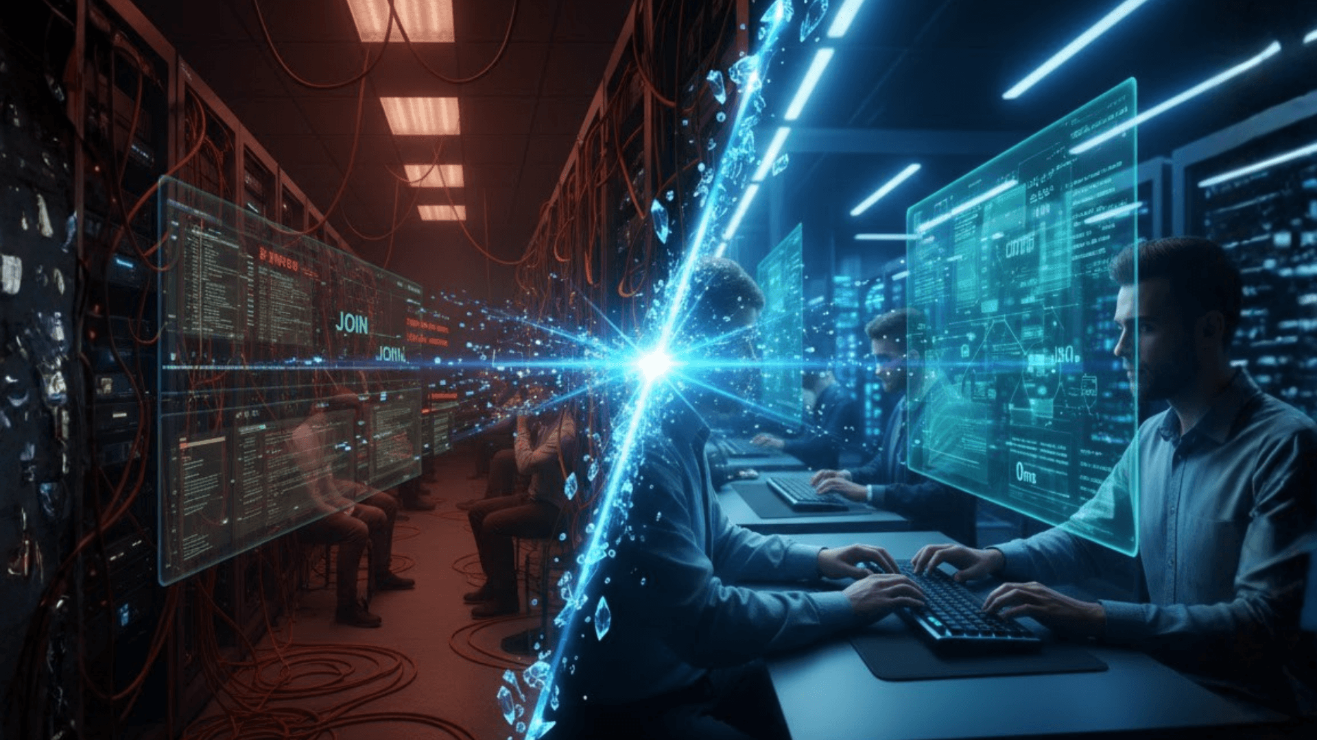 A cinematic 16:9 split-screen illustration contrasting legacy SQL databases with modern NoSQL architecture.  The left side is dimly lit and cluttered with orange-toned cables, showing developers struggling with slow, complex "JOIN" command overlays and rigid table structures. The right side features a sleek, high-tech workspace bathed in cool blue light, where developers work efficiently with glowing, fast-moving digital document interfaces and streamlined data visualizations. A central, explosive burst of blue energy and digital shards bridges the two halves, symbolizing the massive leap in speed and performance when transitioning to a modern, scalable document-based system.