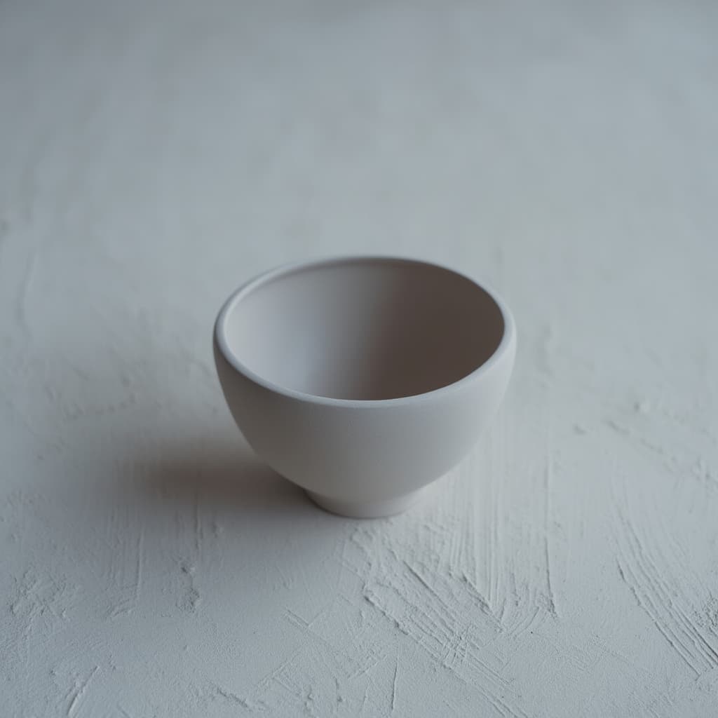 A simple, unadorned white ceramic bowl with a smooth matte finish is centered on a textured, light grey surface, emphasizing minimalist design and contemporary tableware aesthetics.