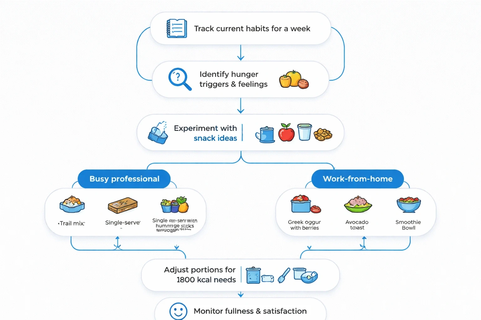 Modern flowchart on a light gray background showing steps to create a healthy 4 PM snack strategy, using blue accent color for nodes and arrows.