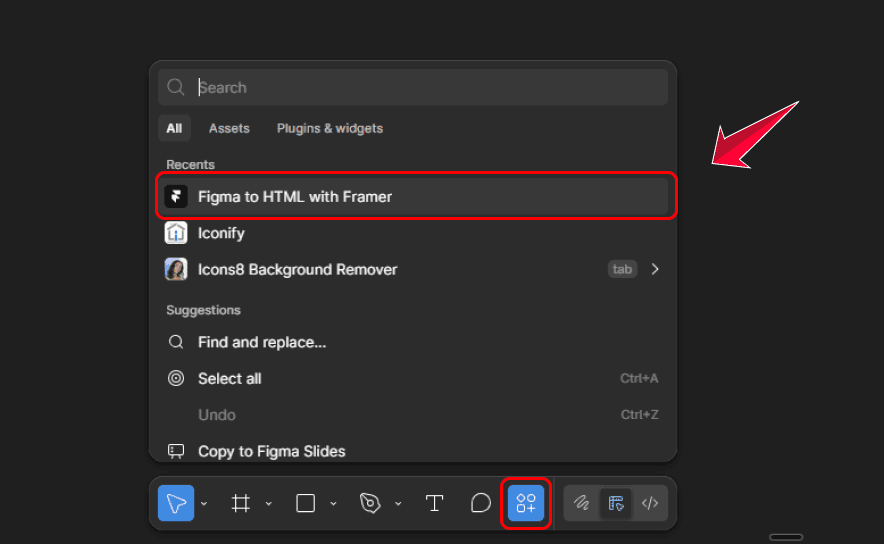 Plugin Figma to HTML with Framer dans le menu Plugins de Figma