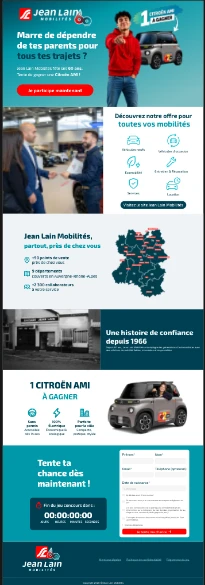 Landing page de campagne Jean Lain Mobilités avec jeu-concours et formulaire.