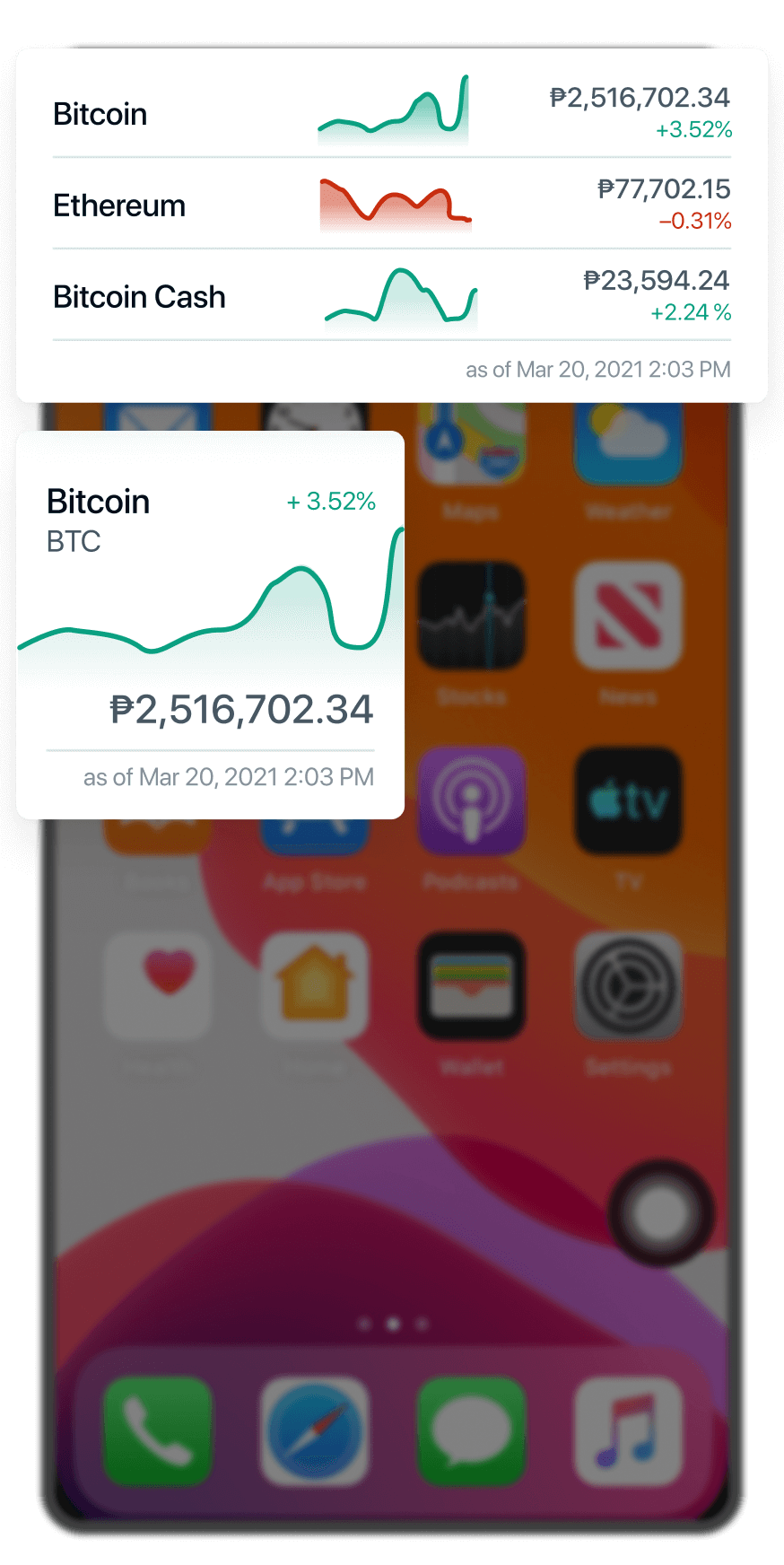 A smartphone home screen displaying a crypto price widget showing the current prices and trends of Bitcoin, Ethereum, and Bitcoin Cash with percentage changes highlighted.