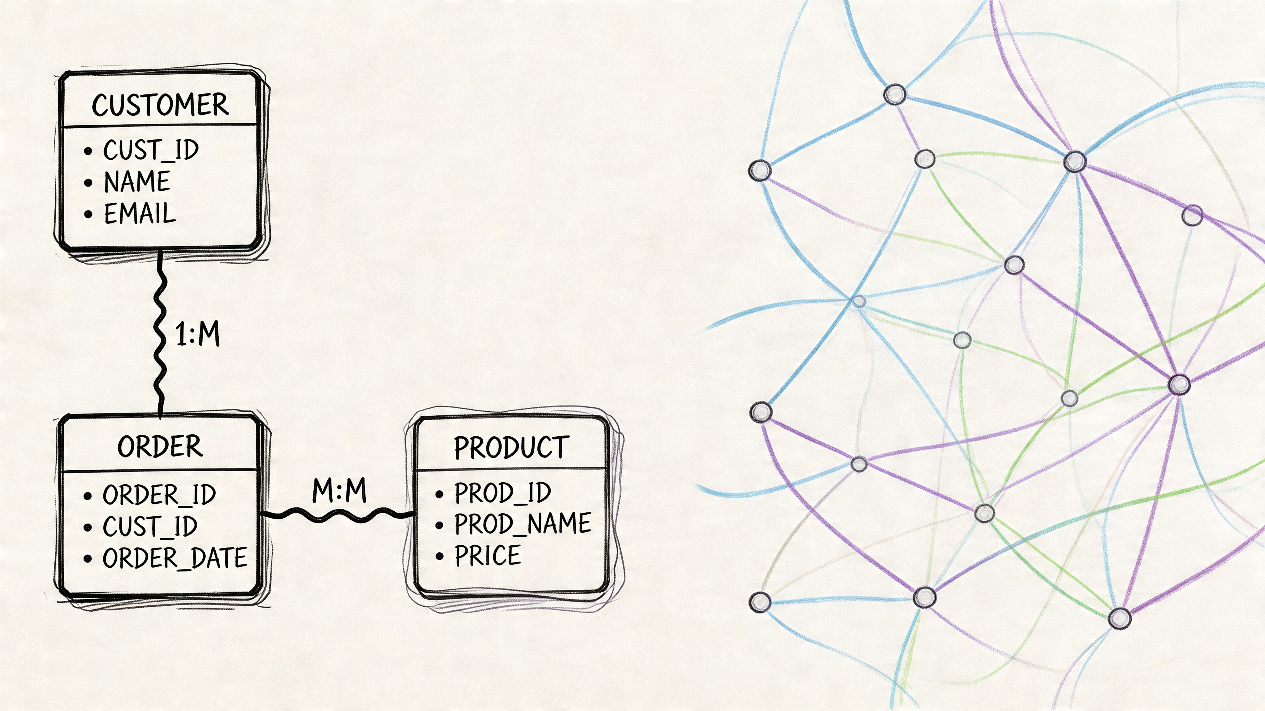 A diagram illustrating data modeling concepts with entity-relationship charts and an abstract network visualization pattern.