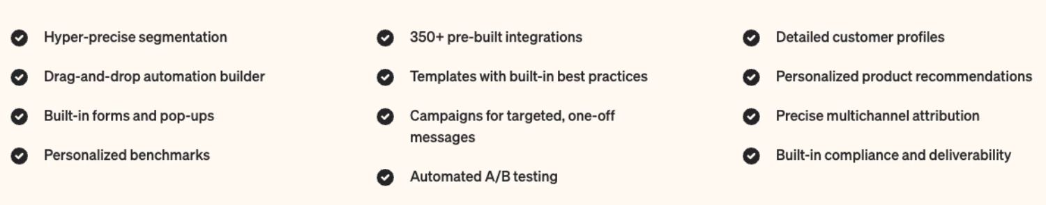 Klaviyo Feature Highlights Alt Text: "A list of Klaviyo's key features, including hyper-precise segmentation, drag-and-drop automation builder, personalised benchmarks, 350+ integrations, built-in A/B testing, and compliance tools."