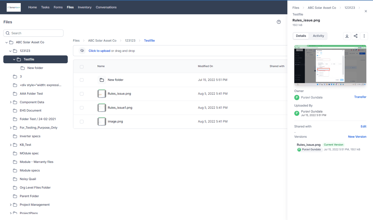 View of an reports from the Files feature on TaskMapper for Construction by SenseHawk. This full-featured cloud-based system to upload and organize project files and documents allows you to share, manage versions, collaborate and attach files to tasks. The centralized version controlled repository also simplifies handover between construction stages and at completeion.