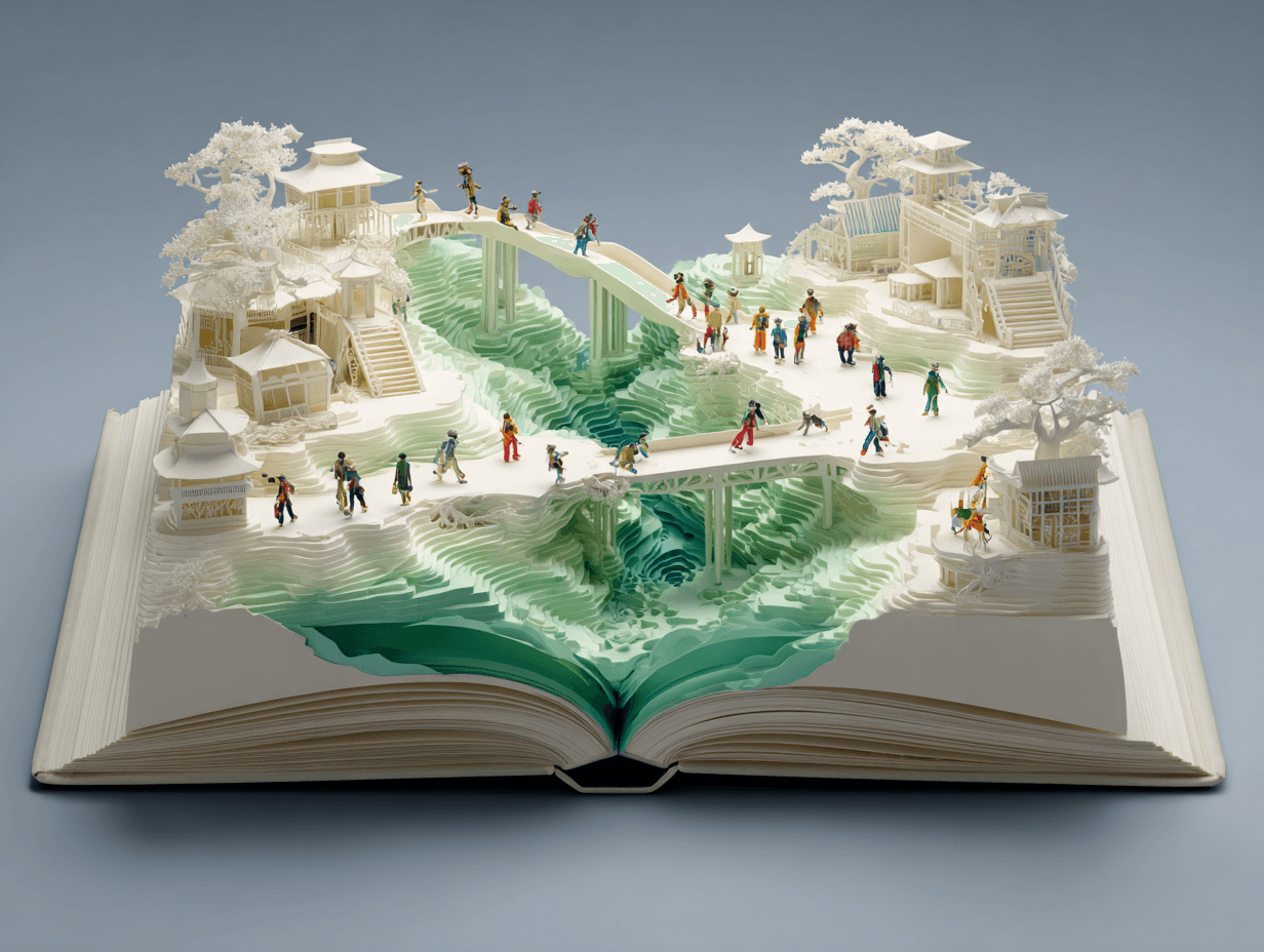 Libro aperto con una scena urbana pop-up: edifici, ponti, piazze e figure che interagiscono, a rappresentare un sistema d’innovazione integrato e dinamico.