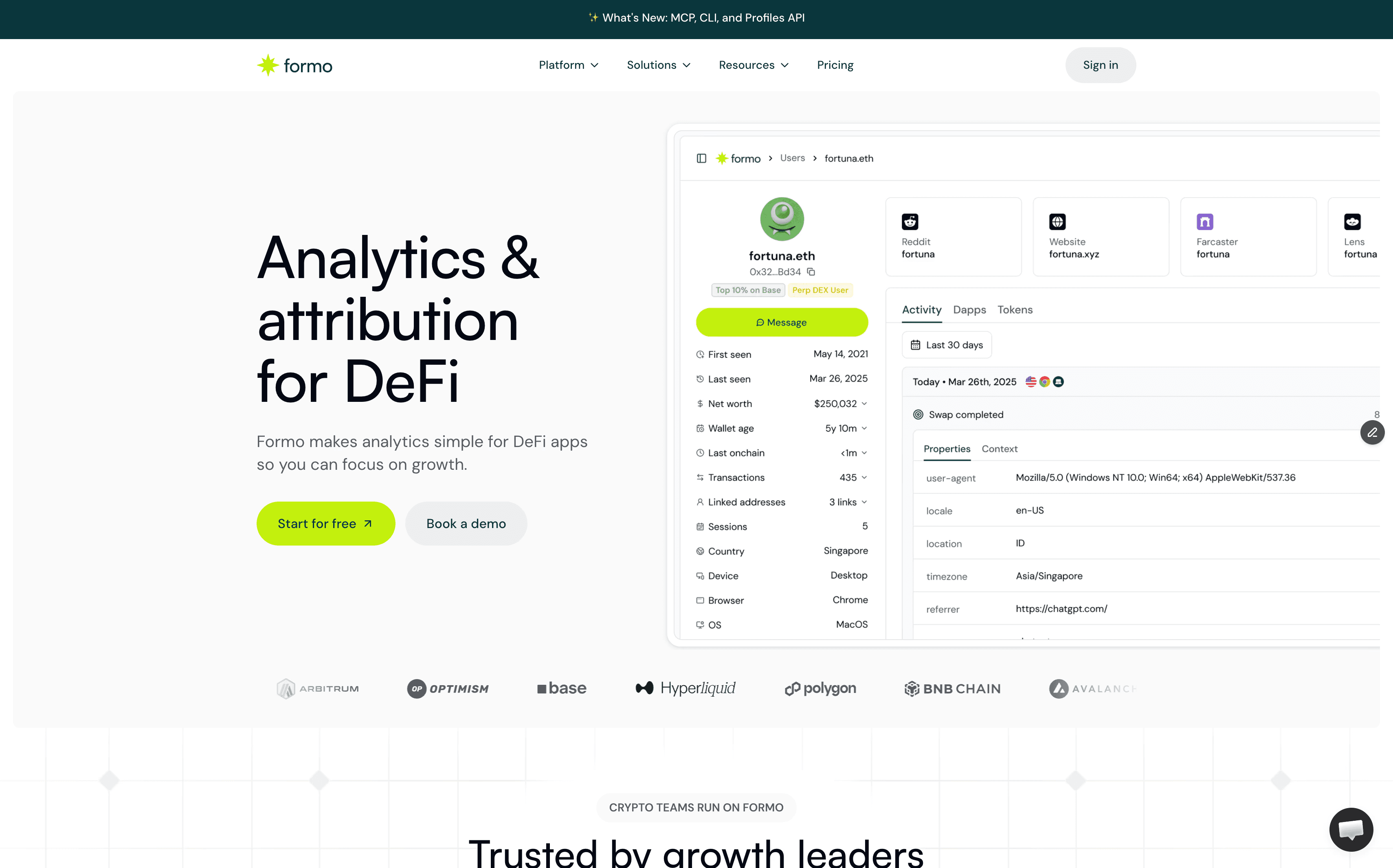 Formo homepage Web3 analytics dashboard and product insights platform