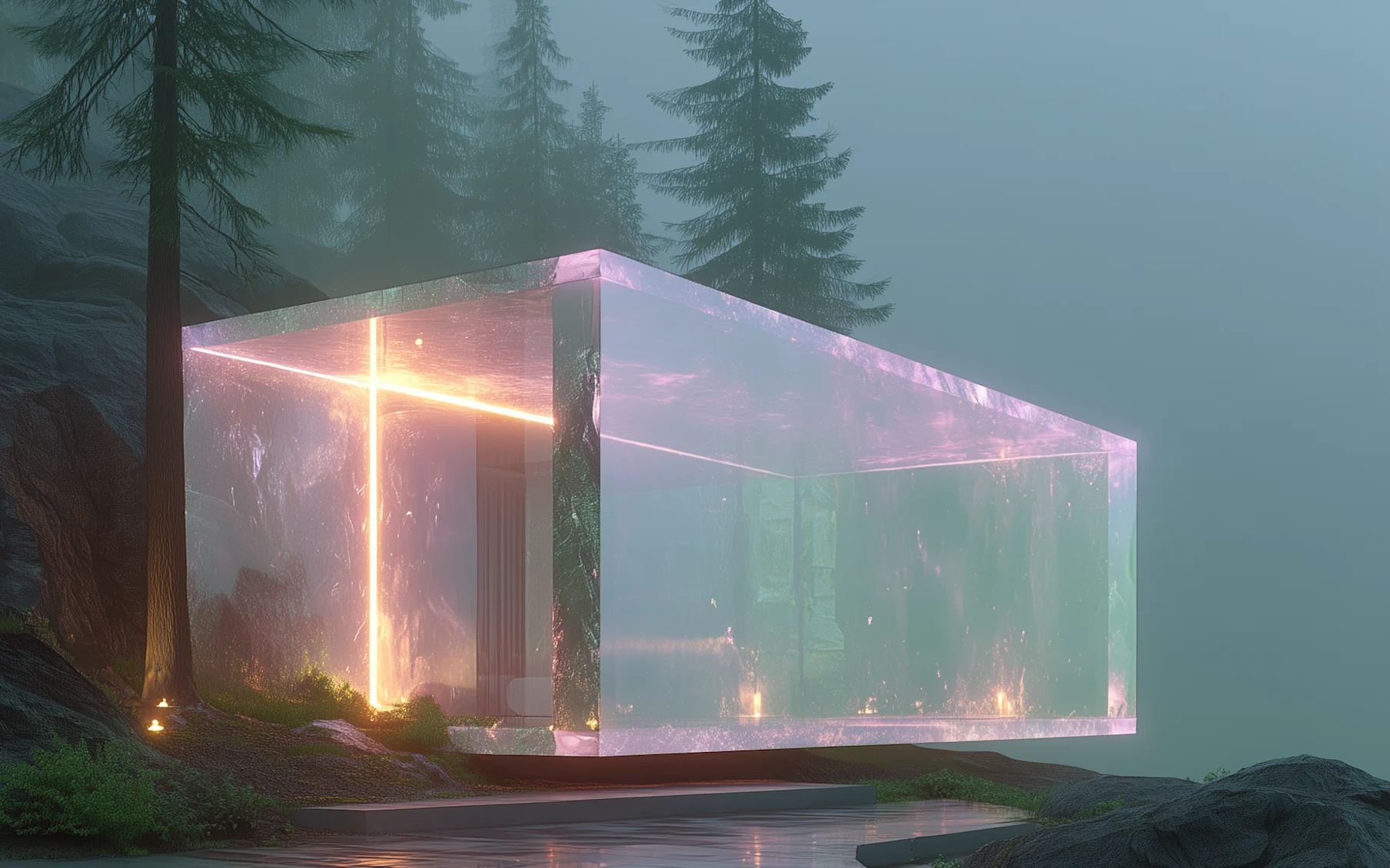 A glass pavilion lit from inside, in a misty pine forest