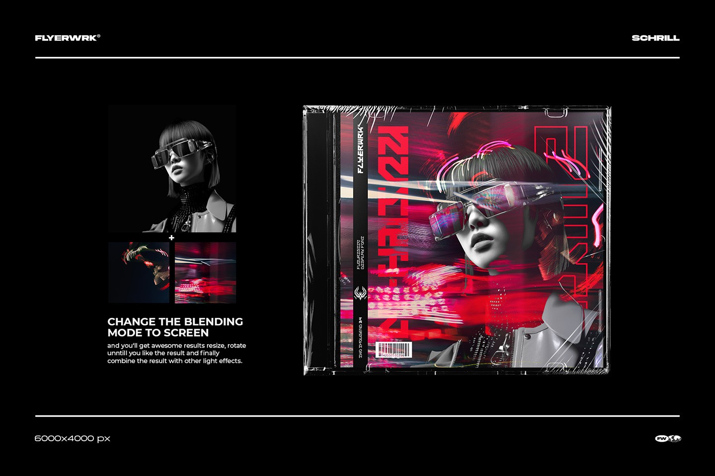Creative application of Schrill light streak textures on a CD jewel case mockup using the screen blending mode in Photoshop.