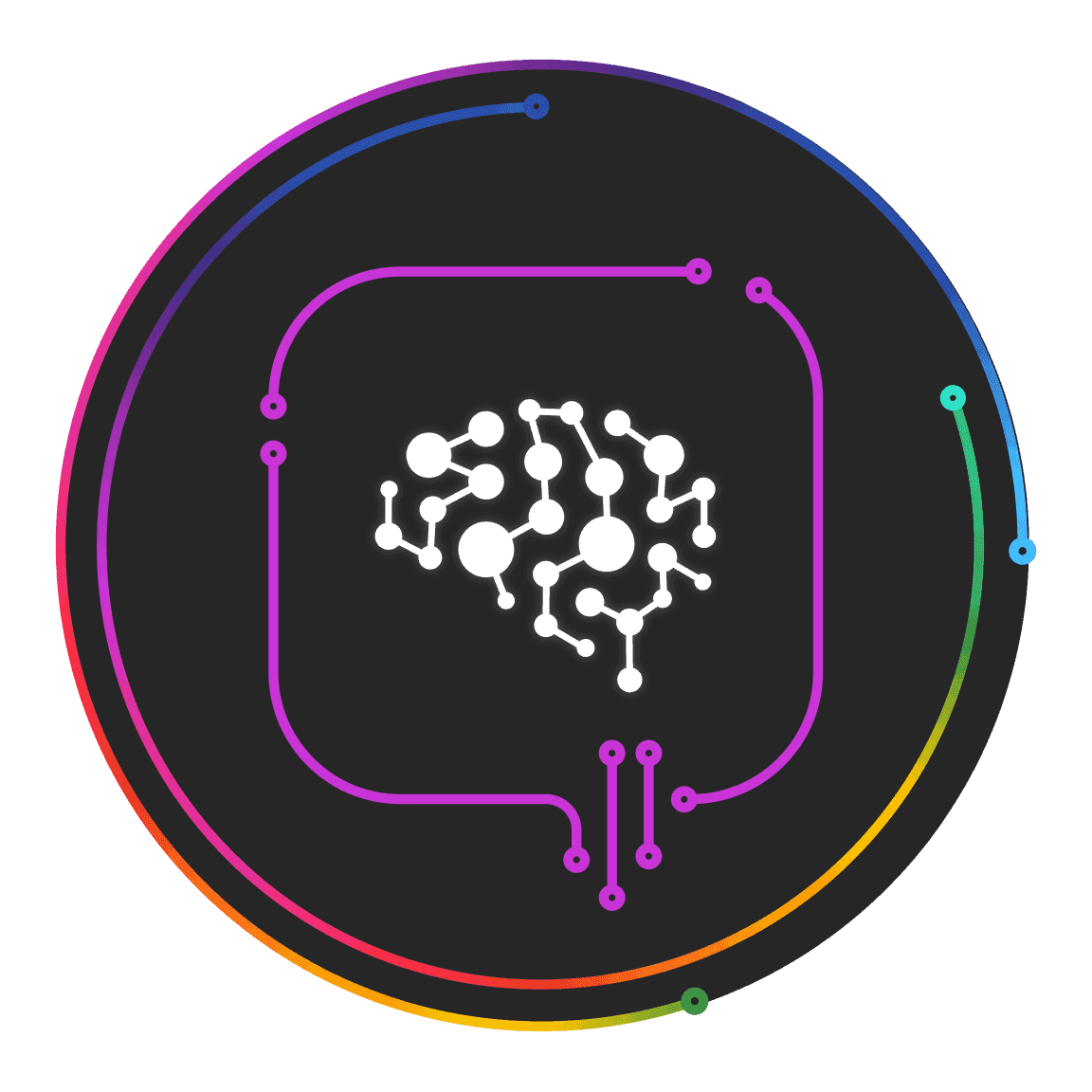Circulair logo met een afbeelding van een hersenpan in wit en paars, omringd door een kleurrijke omlijning.