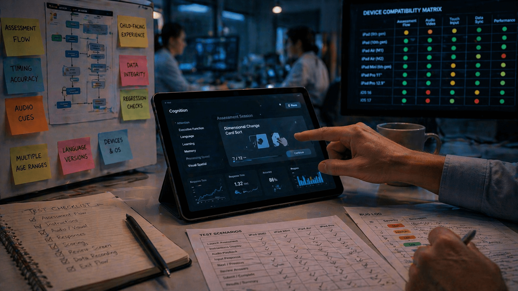 Image of a professional workspace featuring a digital dashboard displaying device compatibility metrics and data analysis graphs, surrounded by multiple notepads and charts, indicative of software testing processes performed by Optima Quality Solutions.