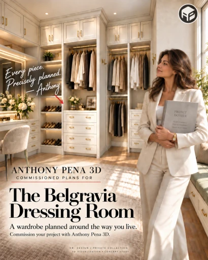 Concept closet with pale cabinetry, a makeup counter, hanging storage and a window bench beside an illustrated woman.