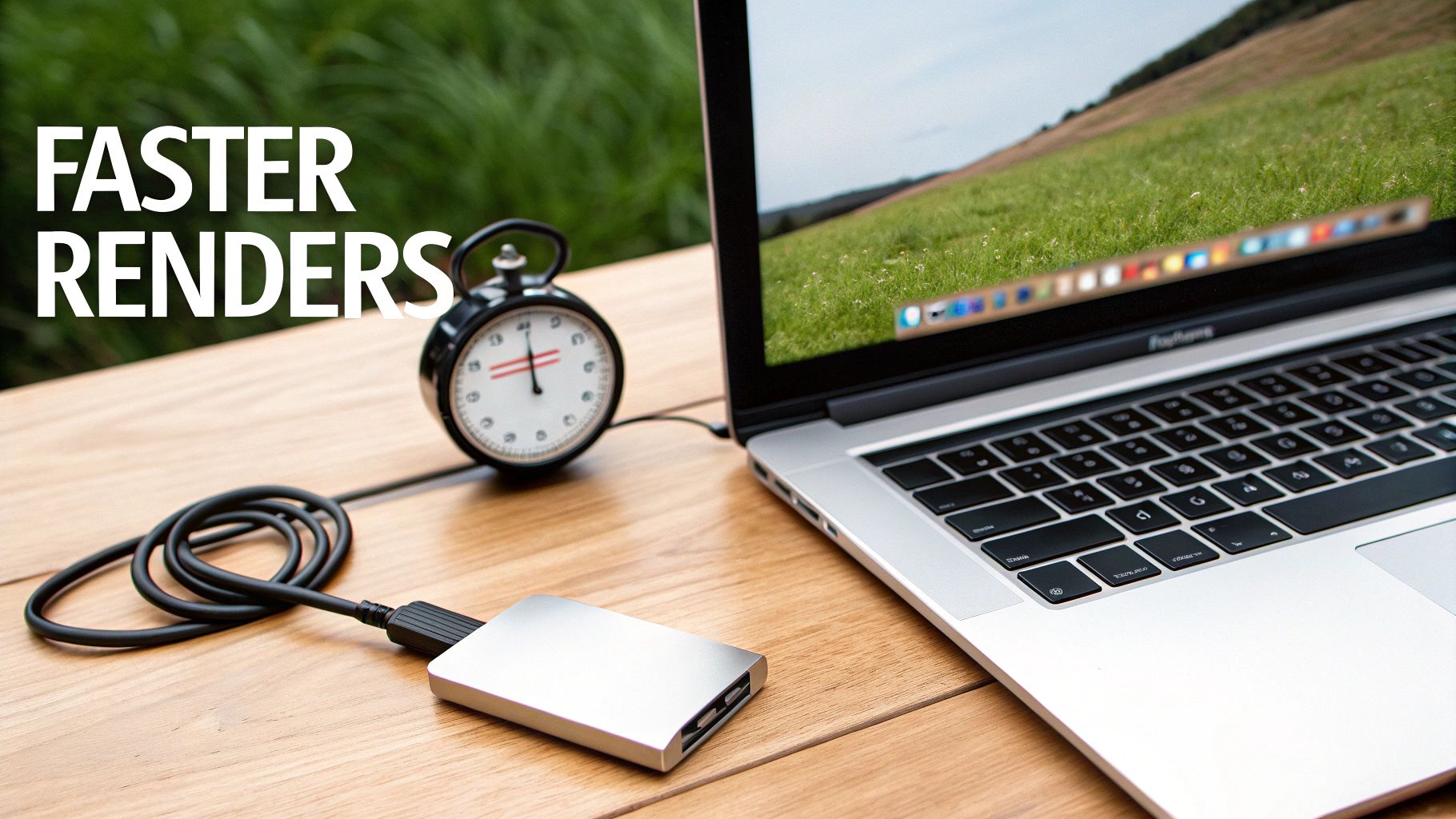 A laptop connected to an external hard drive and a stopwatch on a wooden desk, emphasizing faster renders.