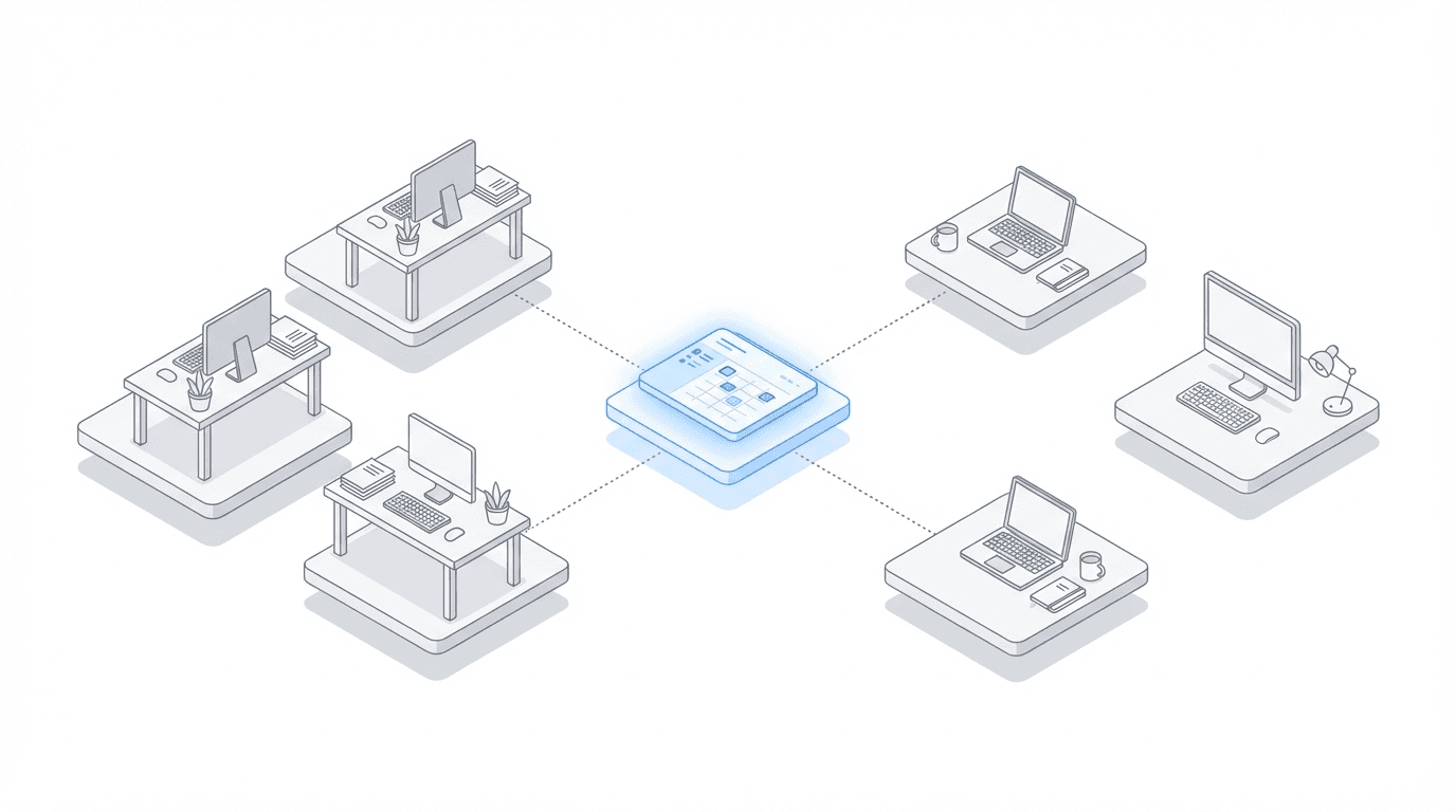 Split visualization showing office and remote workers sharing the same case information through a central dashboard, emphasizing hybrid work parity