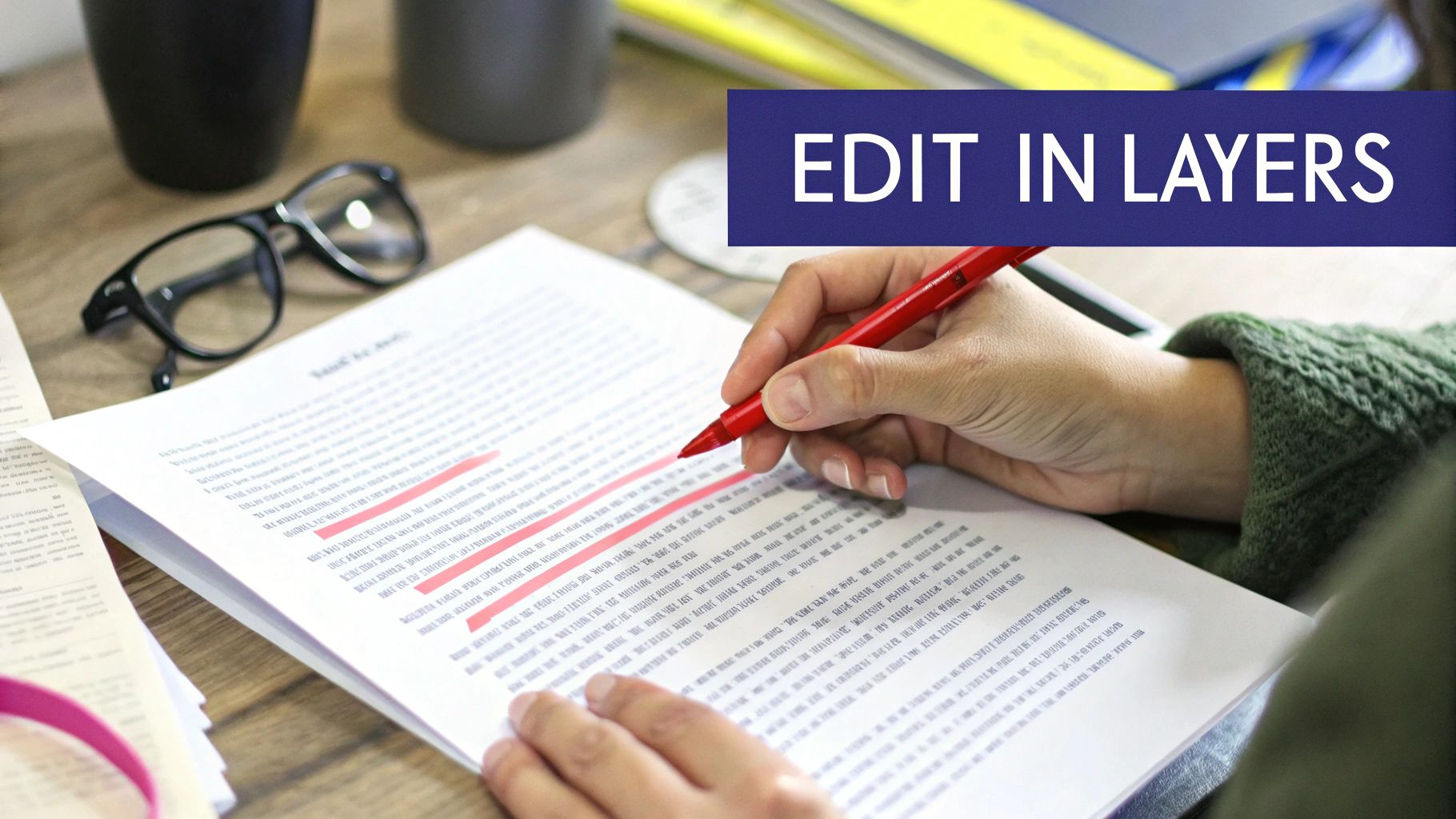 A person carefully proofreading an essay on a laptop with a red pen nearby.