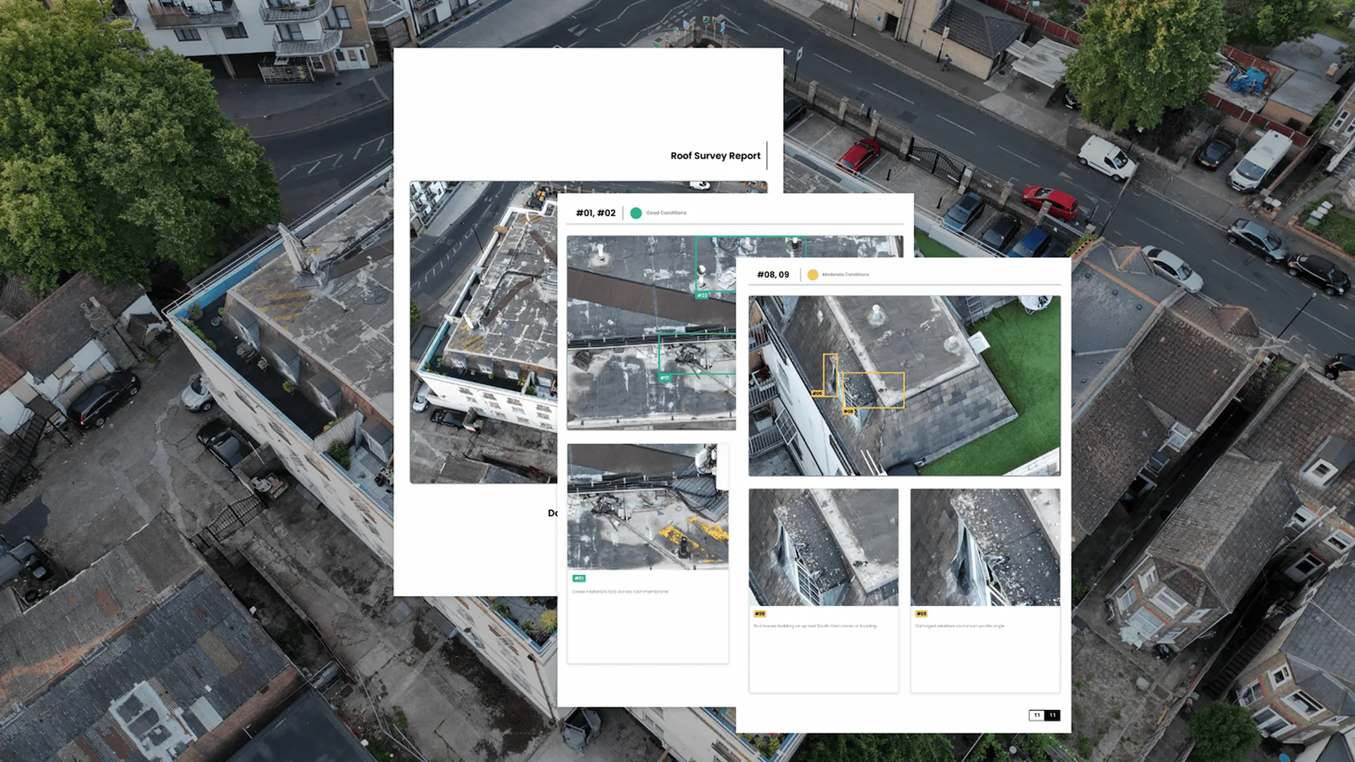 Roof **condition survey report** pages showing annotated aerial images and defect analysis.