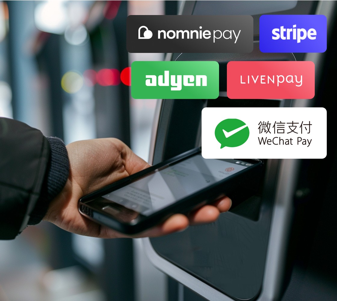 payment terminal integration with nomnie pay, stripe adyen livenpay and wechat pay