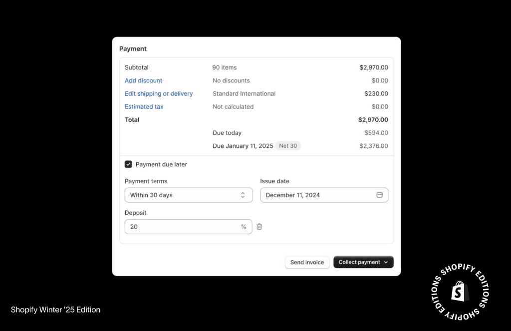 Shopify-Bestellentwurf mit späterer Zahlung, 30 Tagen Zahlungsziel und 20 Prozent Anzahlung