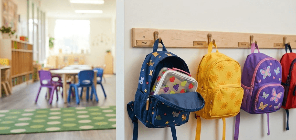 Child's backpack hanging on a hook at preschool ready for the day