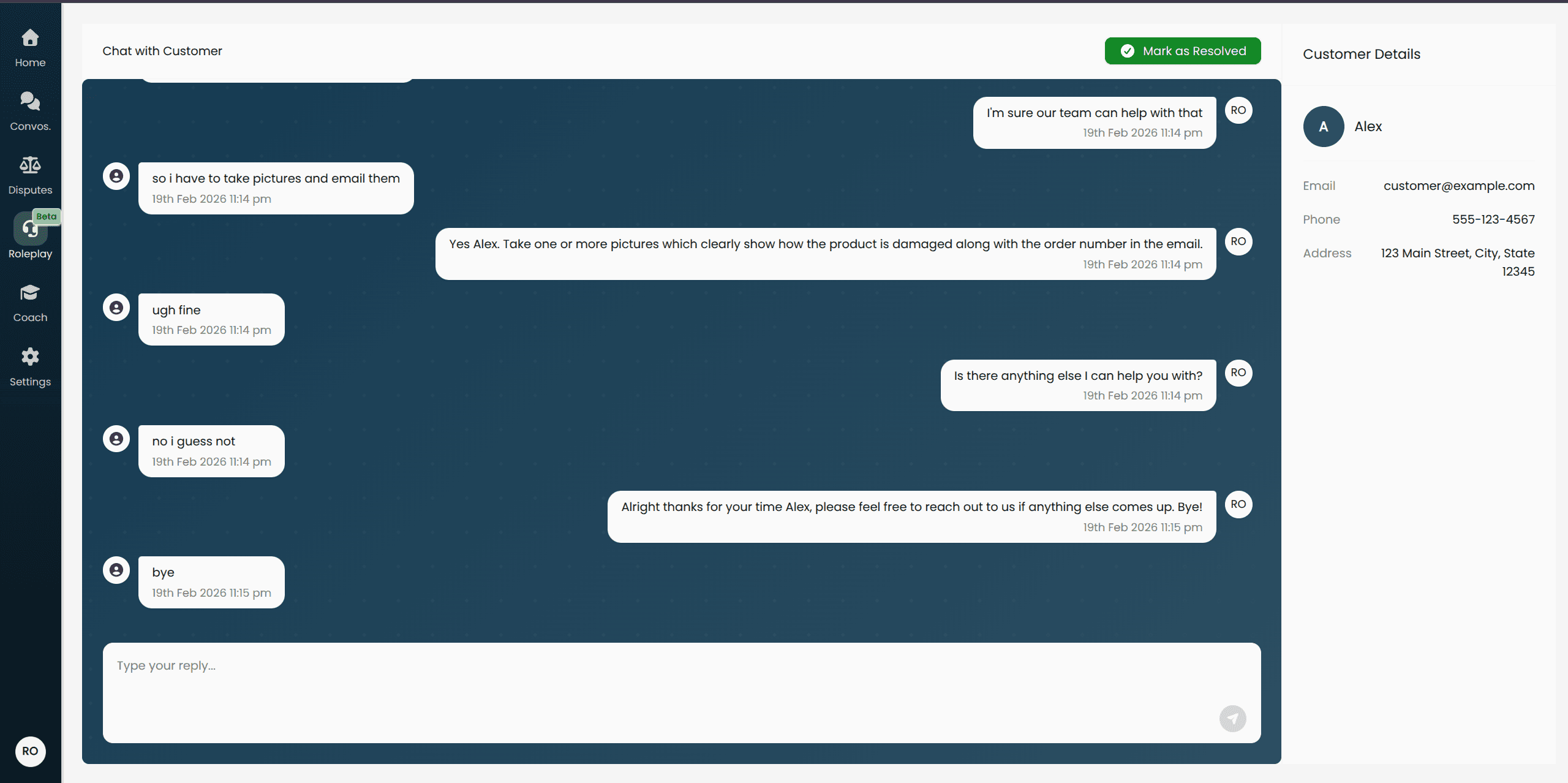  Screenshot of an active chat roleplay conversation showing several exchanges between the representative and the AI persona.