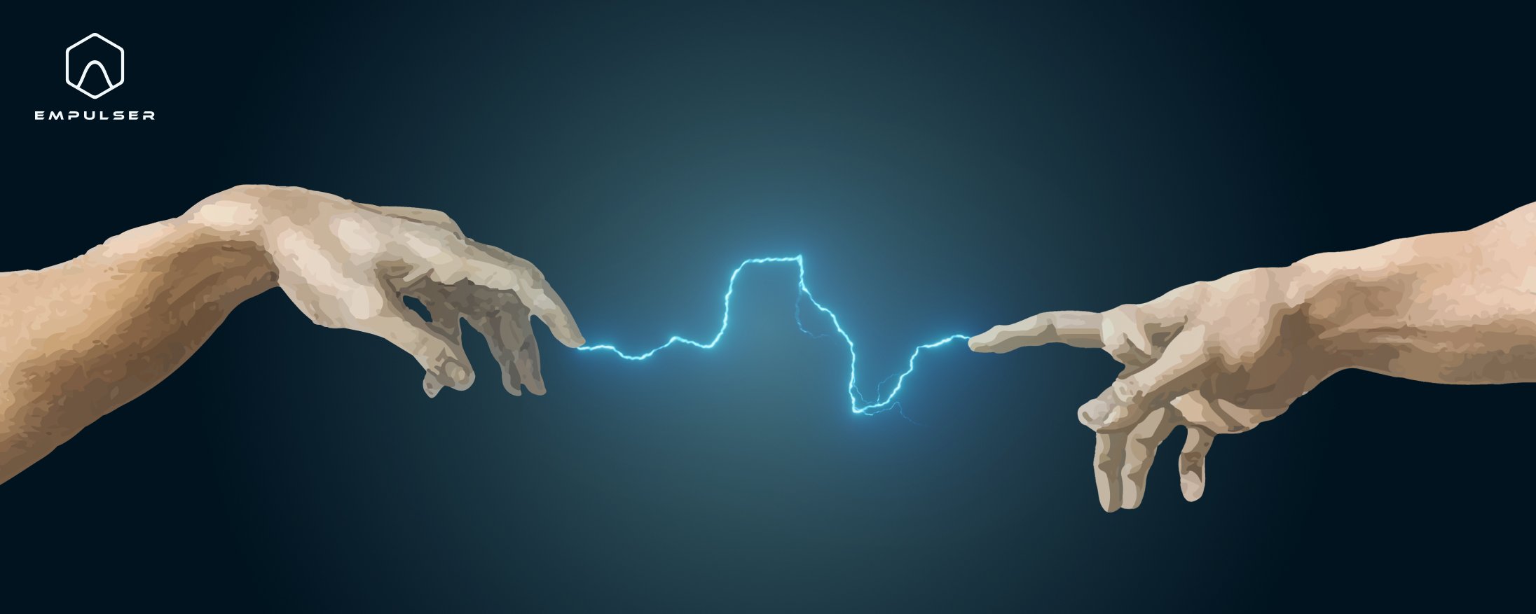 Image of two fingers touching, with an electrical bolt in between the 2 touching fingers.