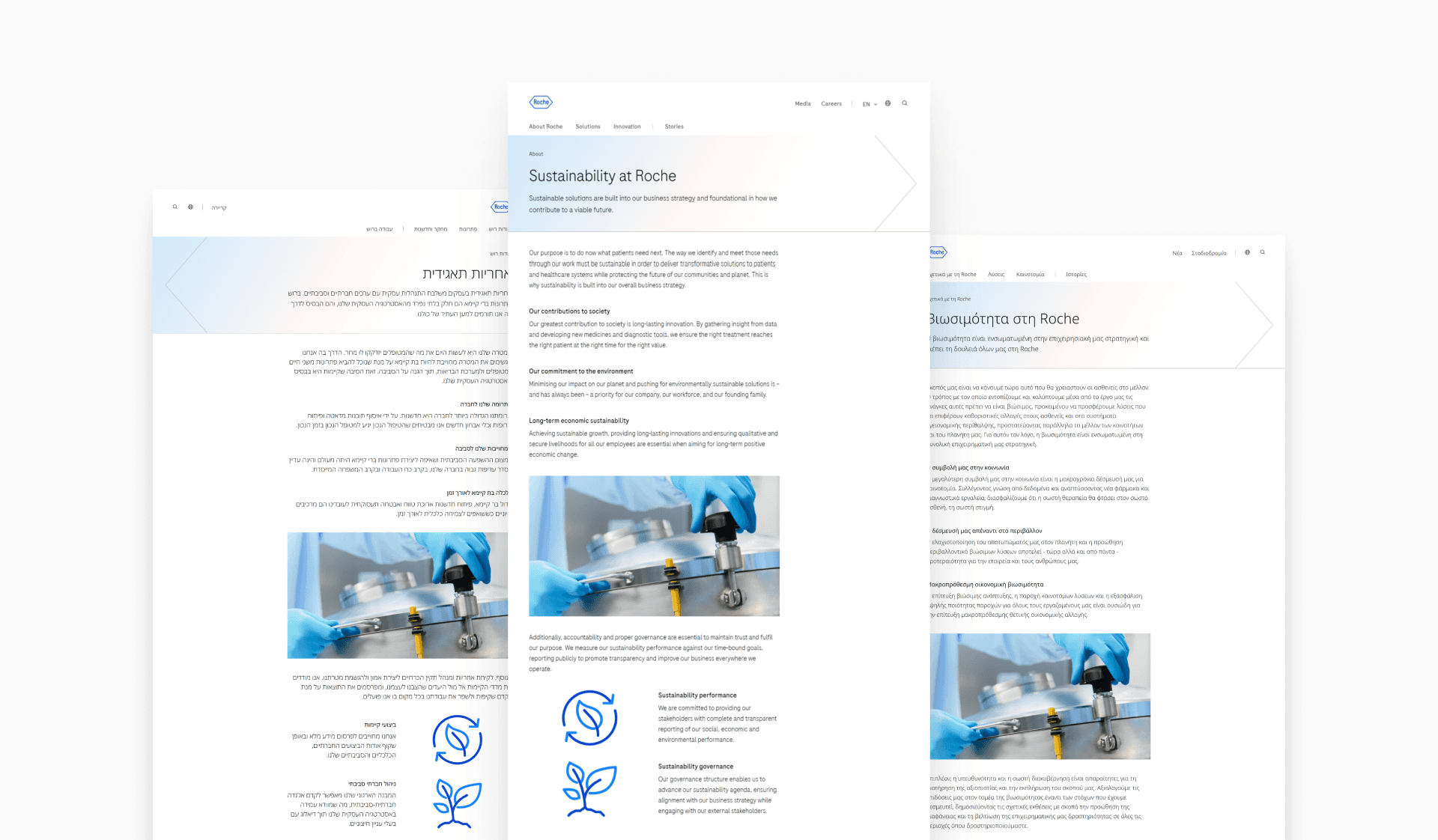 Sustainability page on the Roche corporate website in three languages (Hebrew, English and Greek)