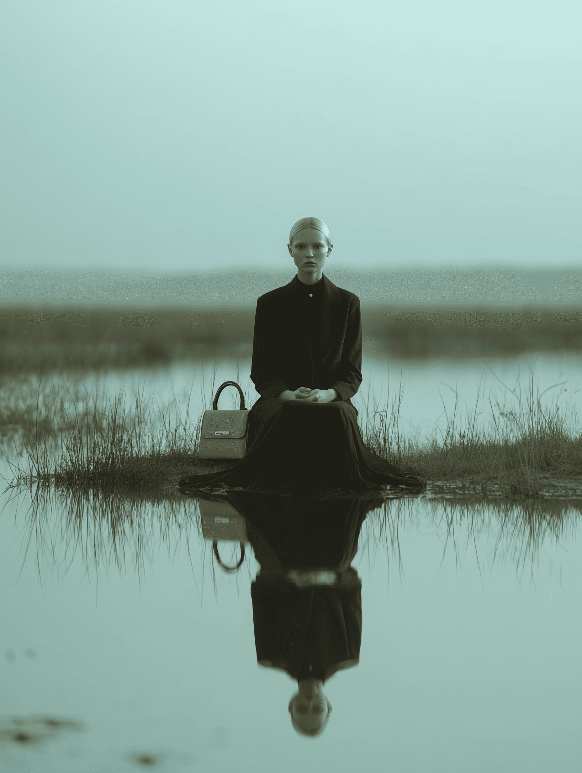 Pale person in a dark suit with a white bag by a reflective lake.