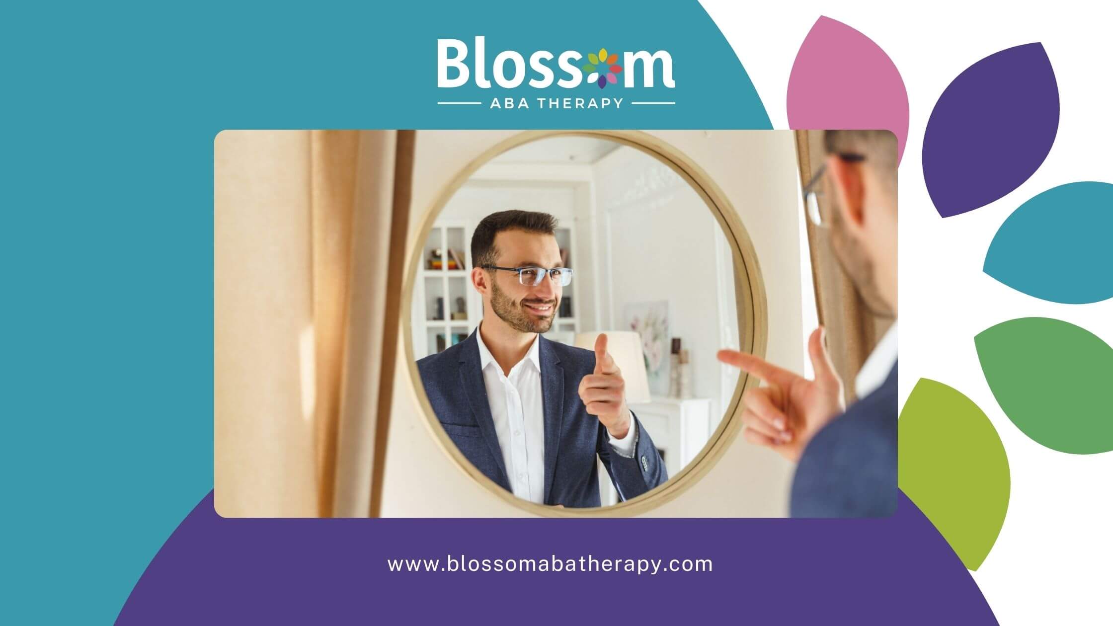 Man with autism smiling and pointing at his reflection in a round mirror.