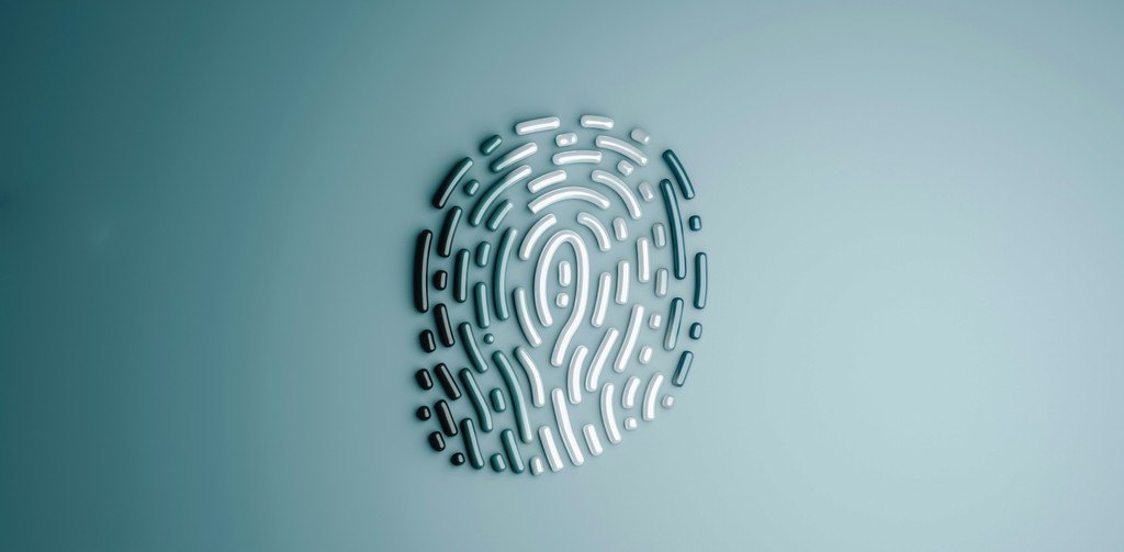 A stylized fingerprint icon set against a light blue background represents biometric security. The intricate lines and patterns of the fingerprint highlight the uniqueness of individual identity and the importance of using advanced technology for secure access and data protection.