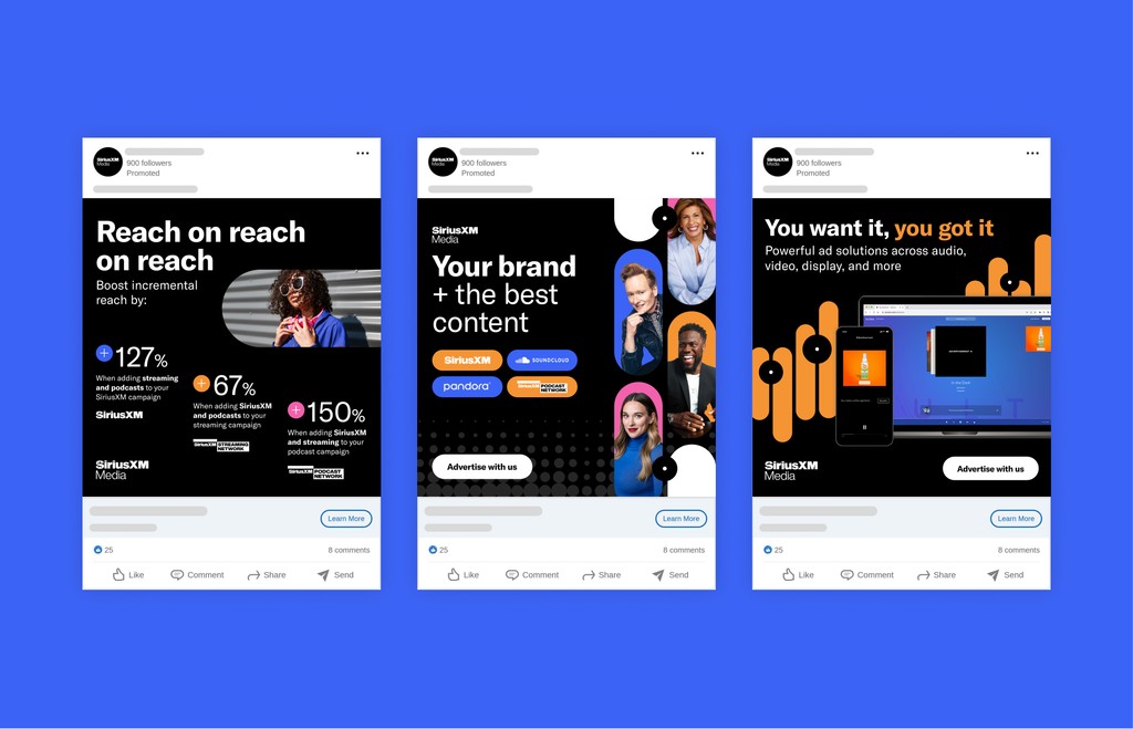 Three images of mockups for SiriusXM Media Linkedin Paid Media ads