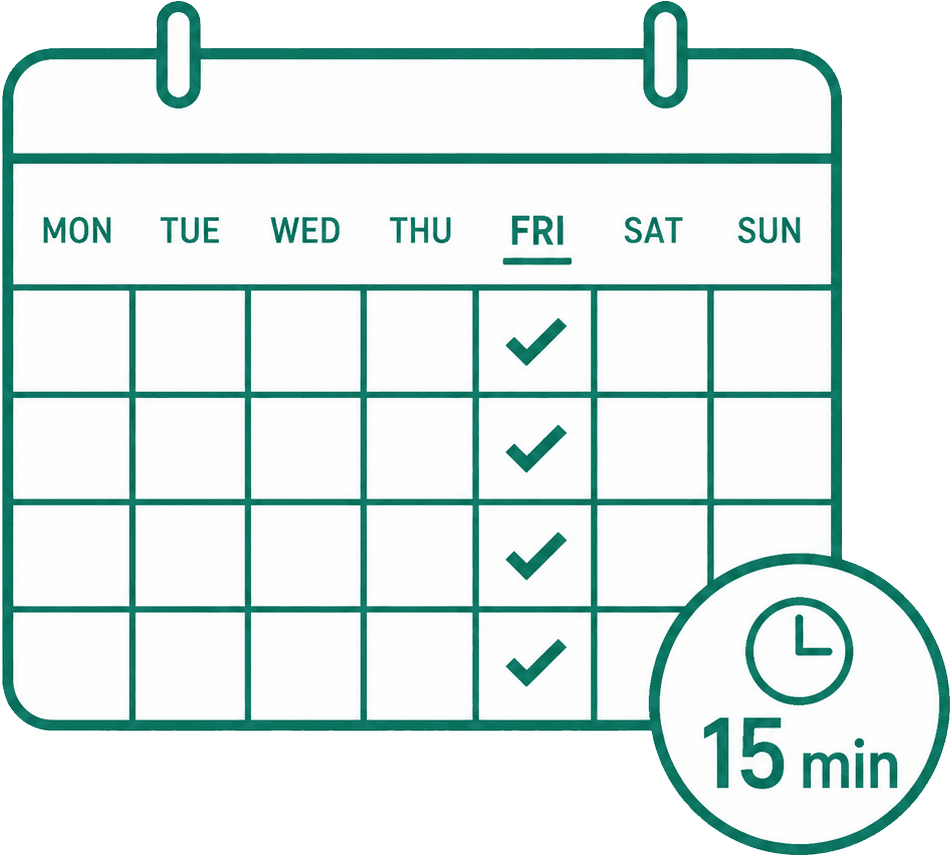 A calendar with every Friday ticked, beside a clock reading 15 min