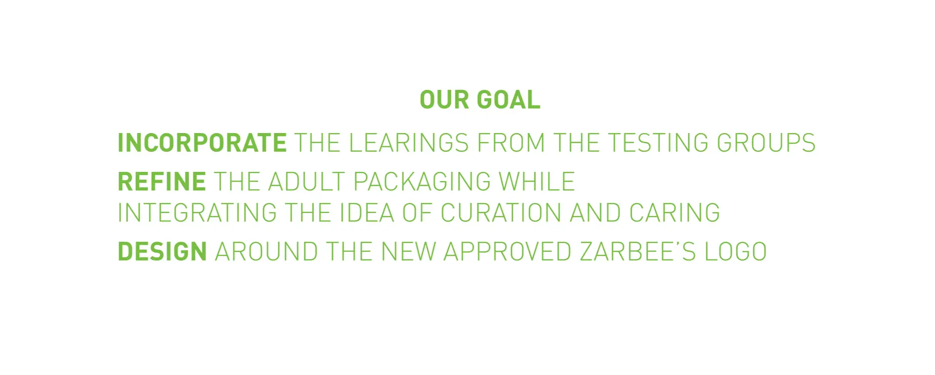 Project goals slide for the next phase of Zarbee's packaging — incorporate learnings from testing groups, refine adult packaging while integrating the idea of curation and caring, and design around the newly approved logo.
